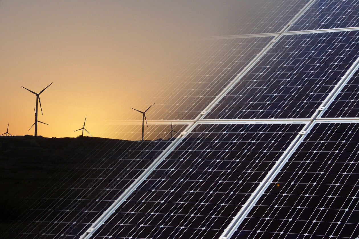 Image of wind turbines and solar panels