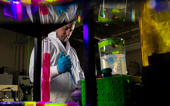 Photo of a male professor, Dr. Anthony Convertine, conducting biomedical research in a lab