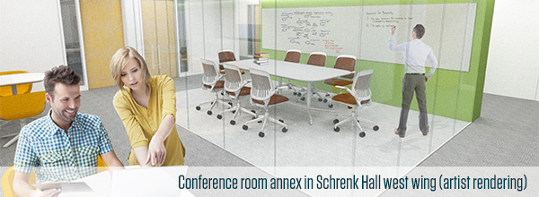 A mockup of a collaborative learning and research space in Schrenk Hall’s west wing.