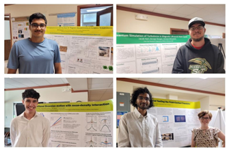 Four photos of students by their posters. 