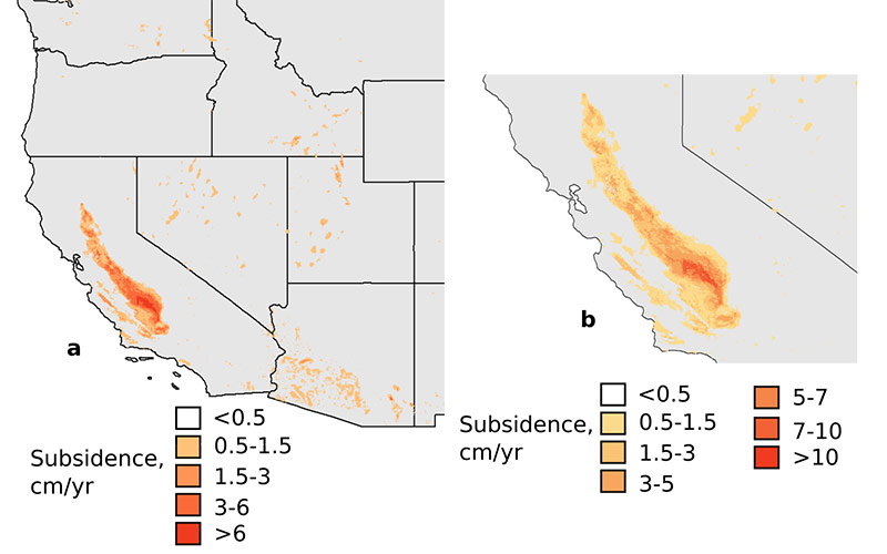 he estimated rate of land subsidence in areas with high groundwater use in the western U.S.