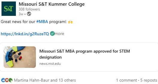 A LinkedIn post screenshot from the Missouri S&T Kummer College, sharing a link about S&T's MBA program recent STEM designation.