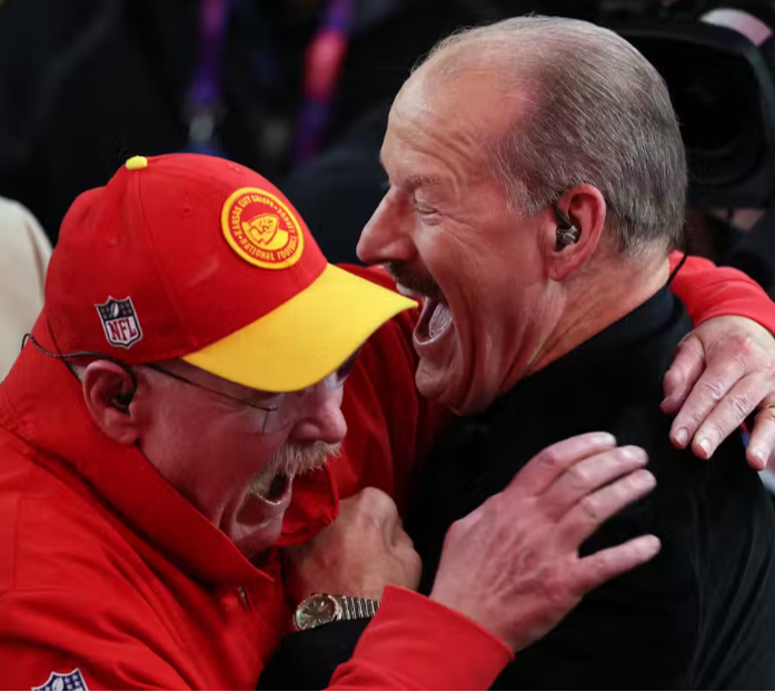 Happy people – like Kansas City Chiefs coach Andy Reid, left, celebrating his team’s Super Bowl win on Feb. 11, 2024 – tend to spend more. Steph Chambers/Getty Images.